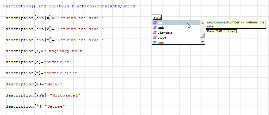 built-in functions, constants and units